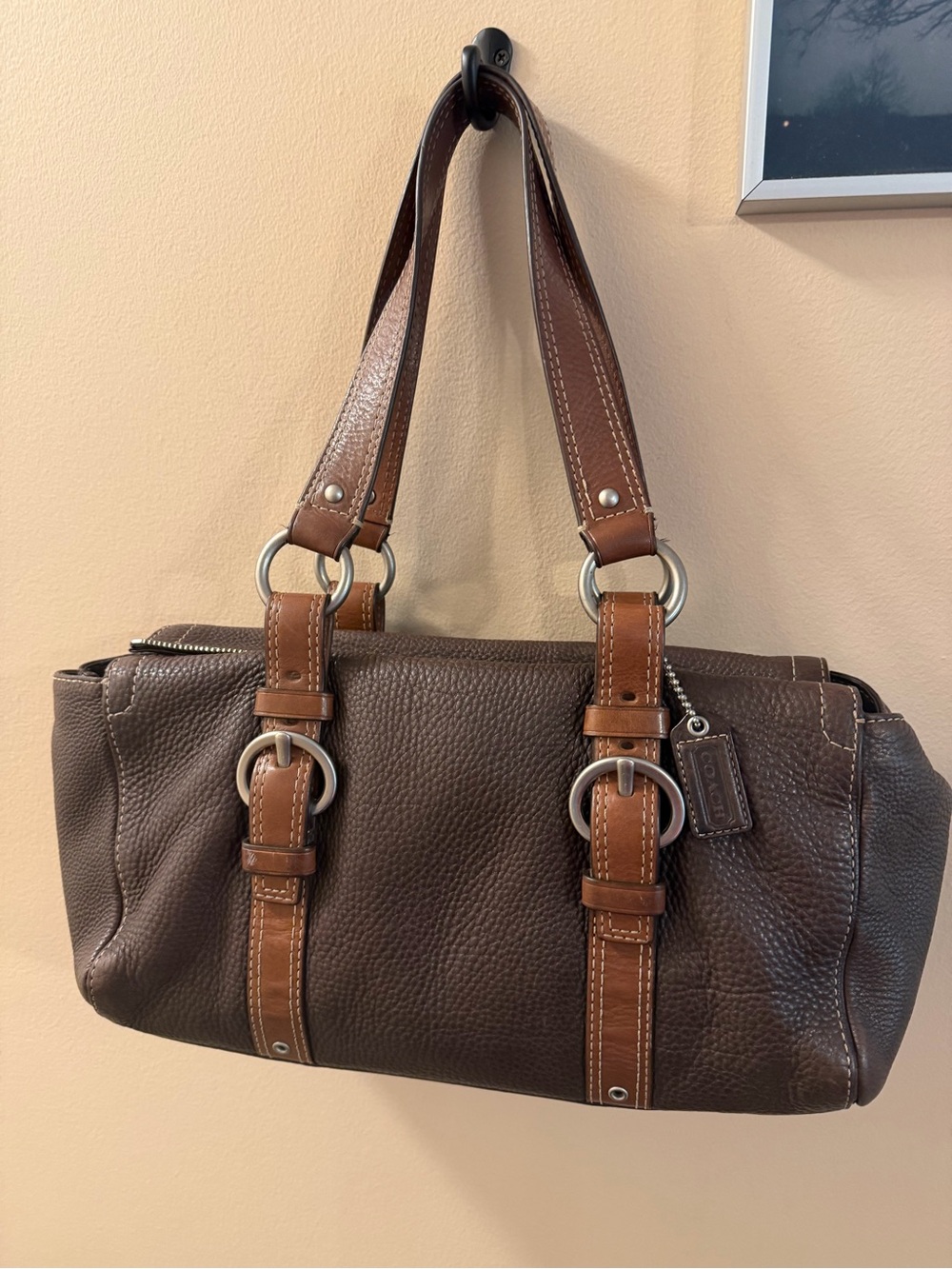 Coach 2007 Dark Brown Pebbled Leather Shoulder Bag with Tan Accents F10887